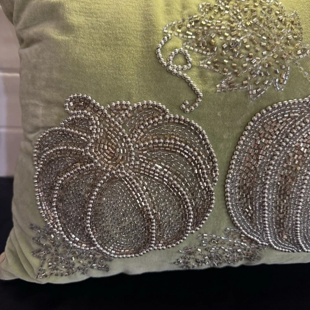 Fall Harvest Beaded Pumpkin Throw‎ Pillow Green With Gold & Silver Beads 14 x 24